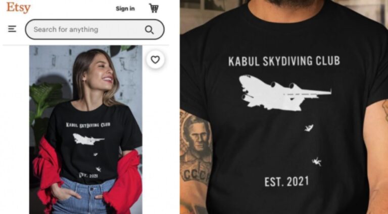 Webshop Etsy onder vuur na verkoop T-shirt ‘Kabul Skydiving Club’